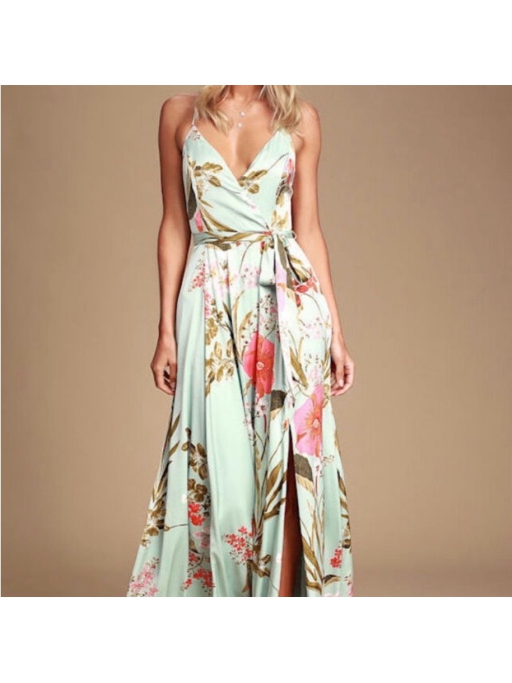 Lulus Floral Maxi Wrap Dress in Light Aqua with Coral Blooms NWT L